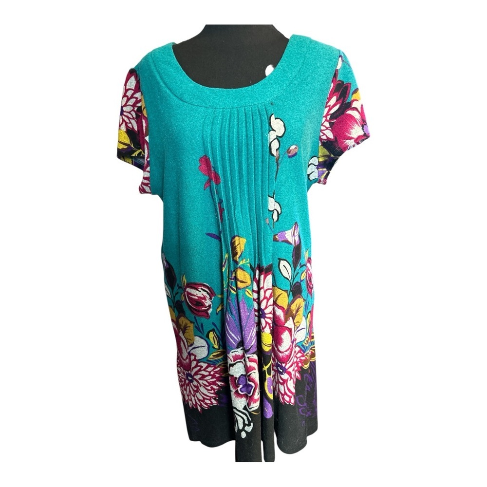 Funky People Women Floral Teal Short Sleeve Dress Size Extra Large